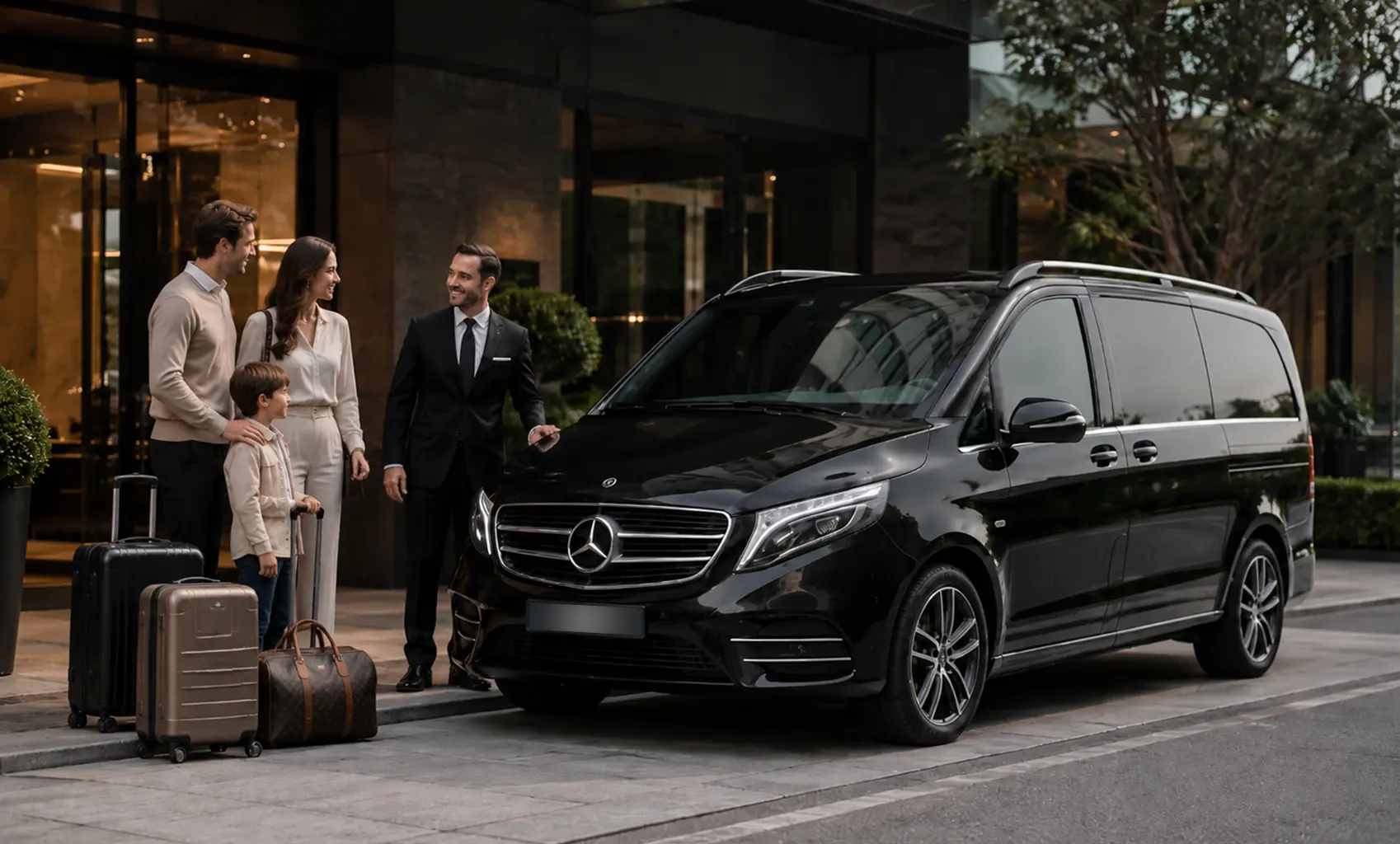 Van Mercedes Noris Viaggi con famiglia di clienti in attesa di salire